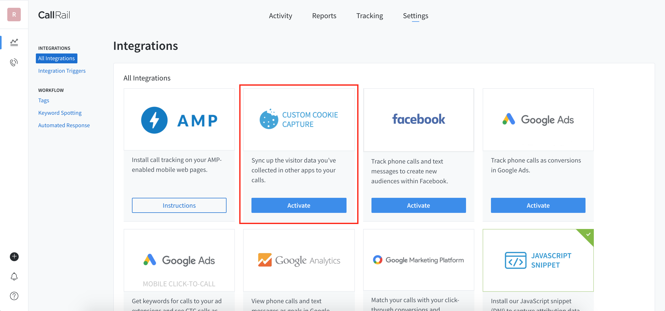 CallRail Integrations page with Custom Cookie Capture highlighted