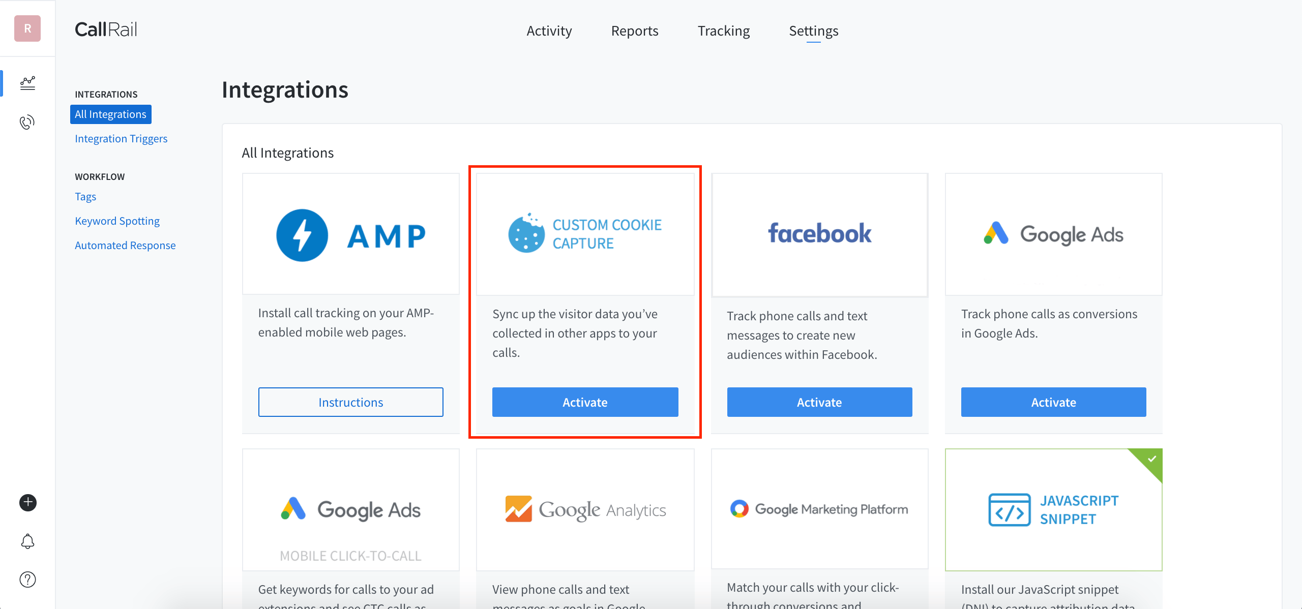 CallRail Integrations page with Custom Cookie Capture highlighted