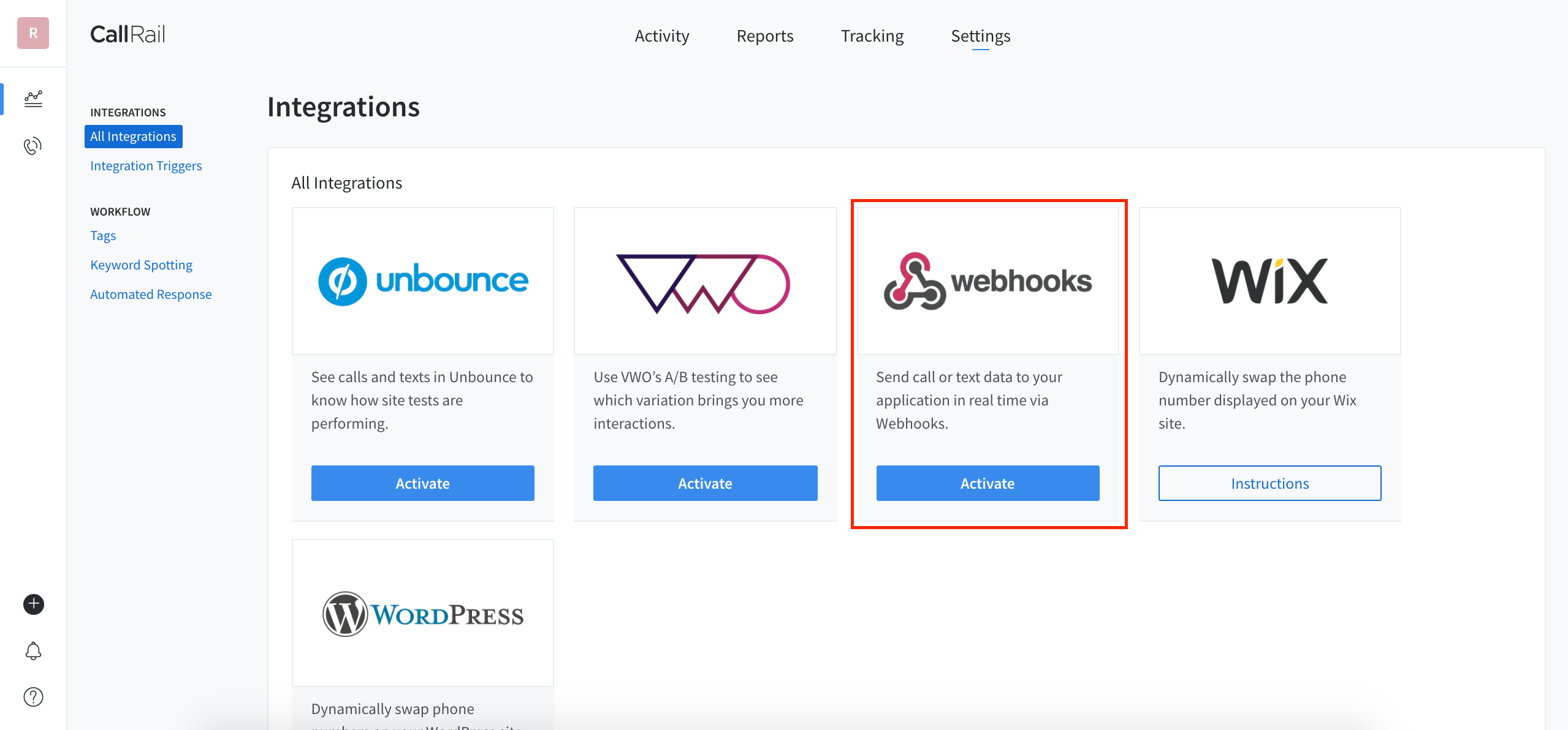 CallRail Integrations page with Webhooks highlighted
