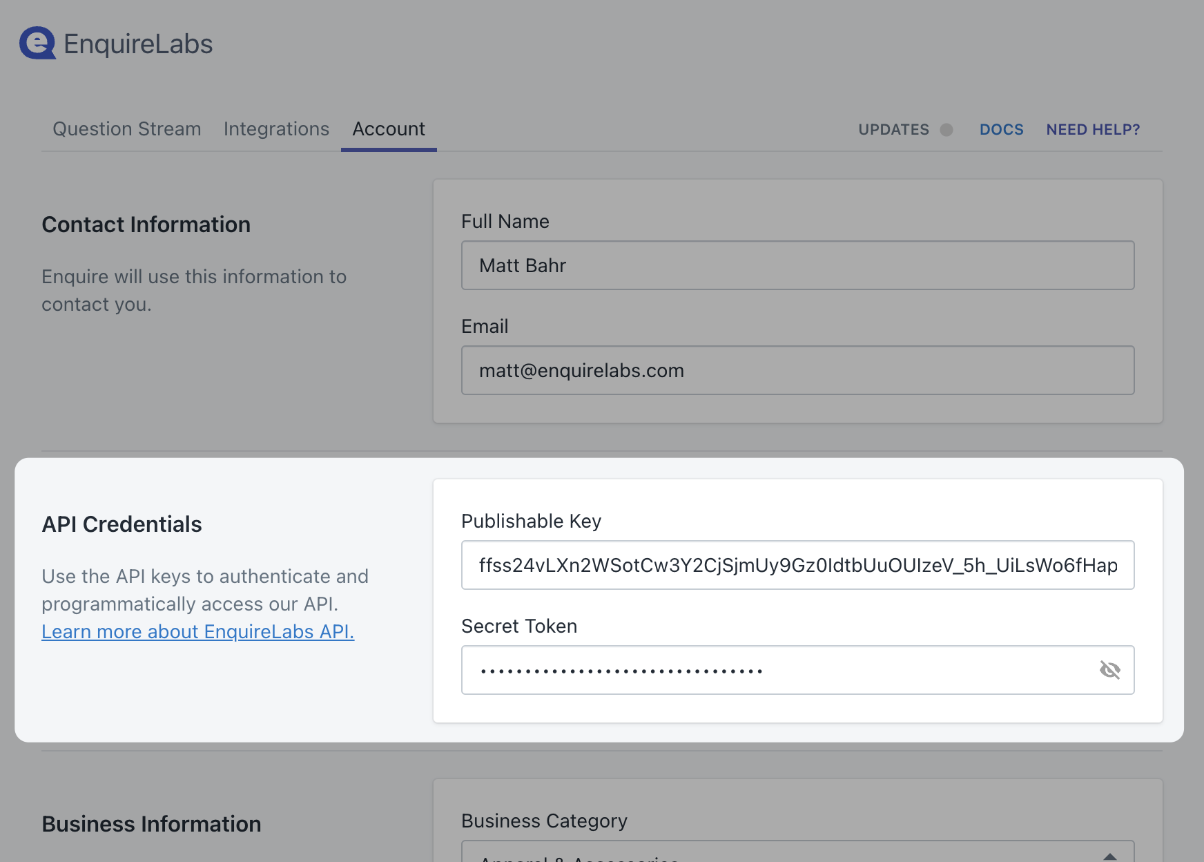 Fairing API Credentials section showing Publishable Key and Secret Token