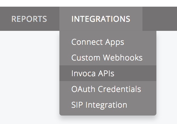 Invoca Integrations menu with Invoca APIs selected