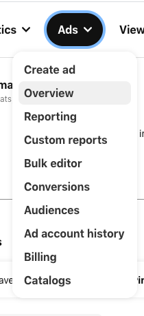 Pinterest Ads dropdown with Overview highlighted