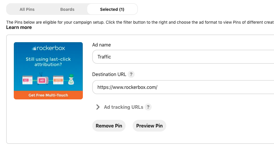 Selected tab showing destination URLs