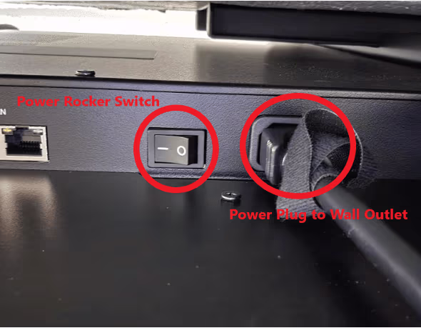 Nio bottom panel with the power rocker switch and power cable circled, beside the Ethernet port