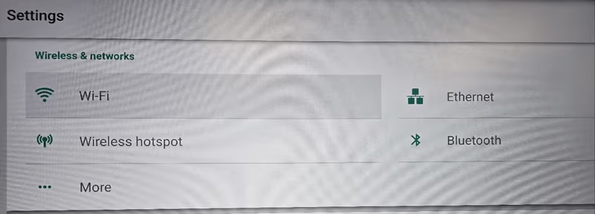 Nio Wireless and networks settings with Wi-Fi and Ethernet options