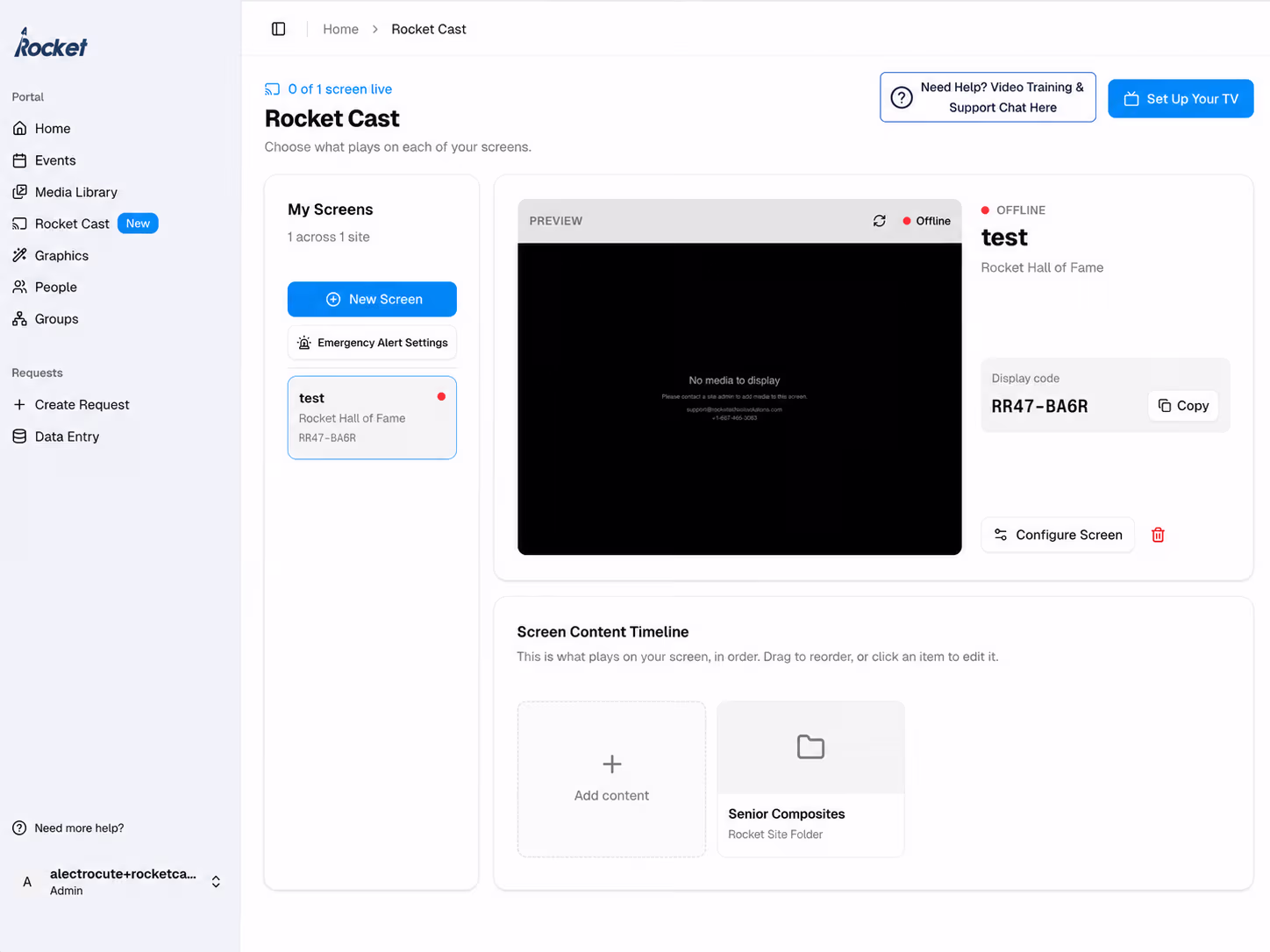 Rocket Cast page with a selected screen and its display code beside a Copy button