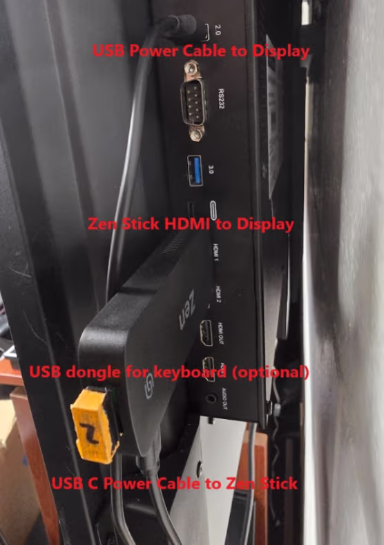 ZenStick connected to a display with HDMI, USB power, and an optional keyboard dongle