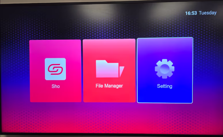 ZenStick home screen with Sho, File Manager, and Setting tiles