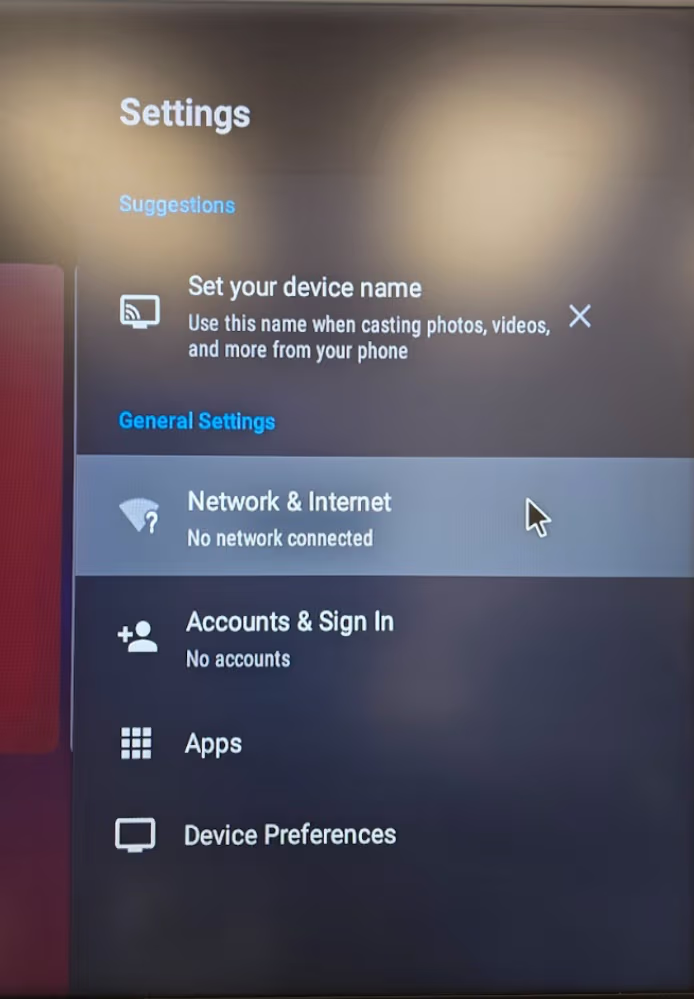 Network and Internet highlighted in ZenStick settings