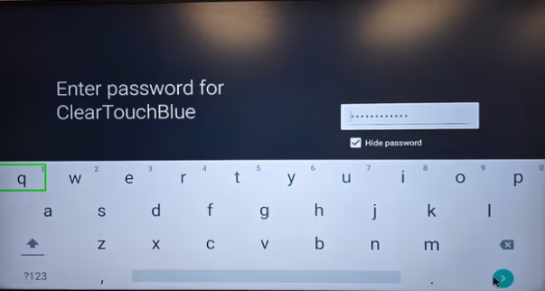 ZenStick on-screen keyboard with Hide password selected and a masked password field