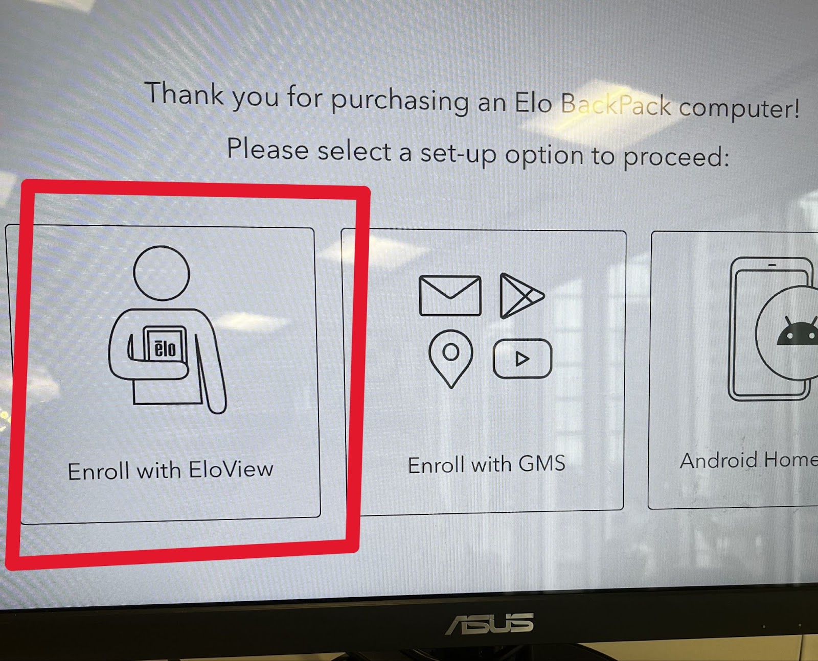 Elo setup options with Enroll with EloView outlined in red