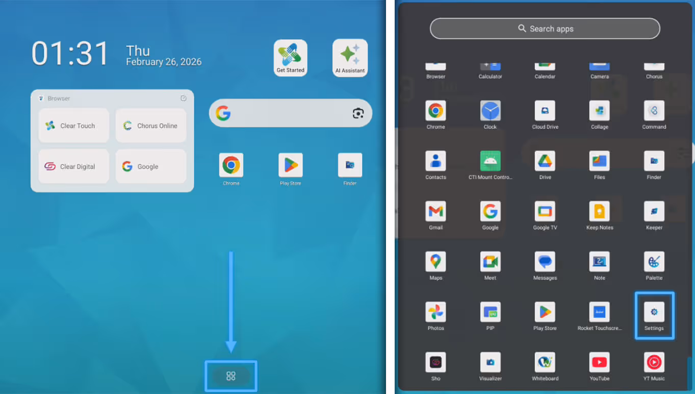 ClearTouch app tray and Settings app highlighted