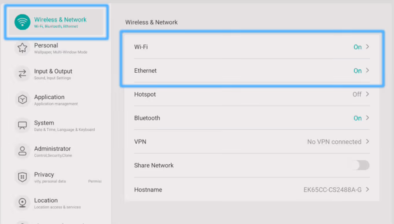 ClearTouch Wireless and Network settings with Wi-Fi and Ethernet options