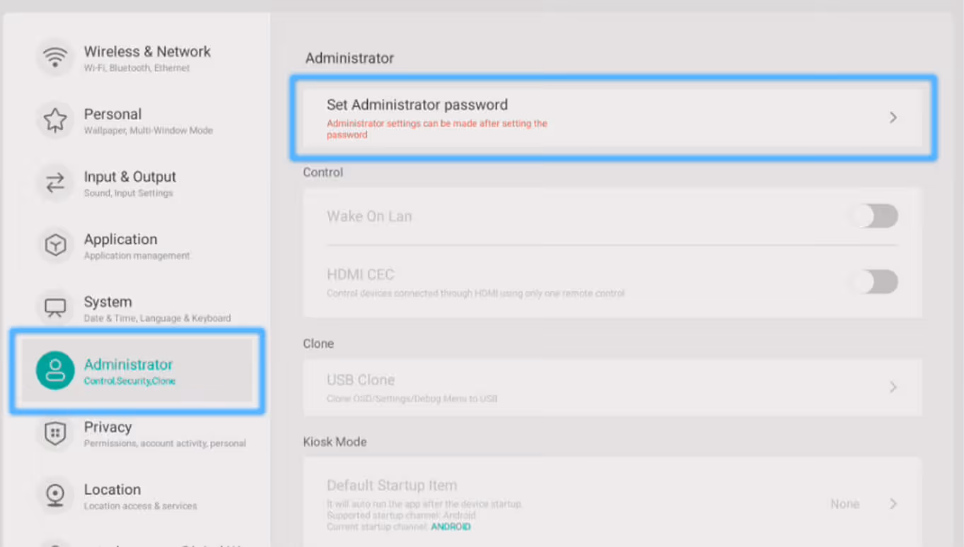 ClearTouch Administrator settings with Set Administrator password highlighted