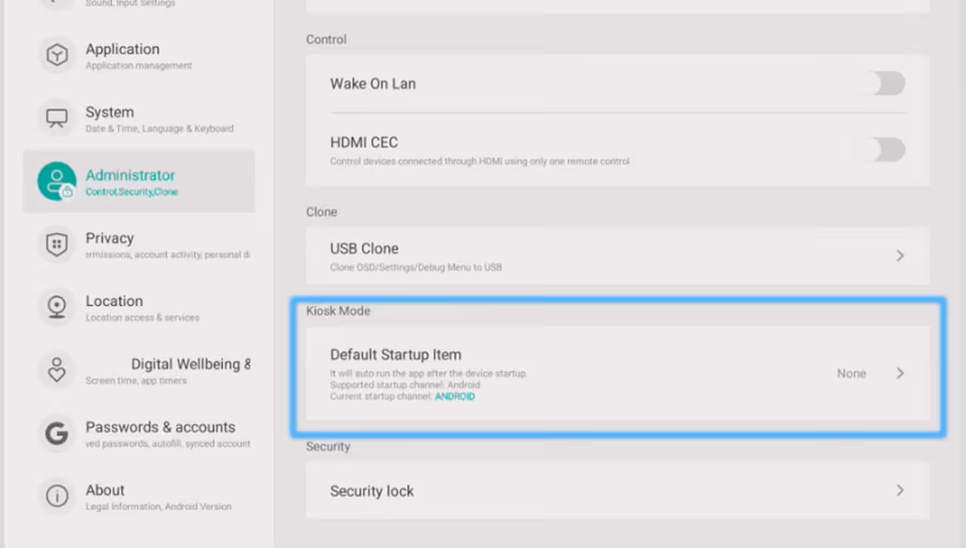 Default Startup Item highlighted in ClearTouch Administrator settings
