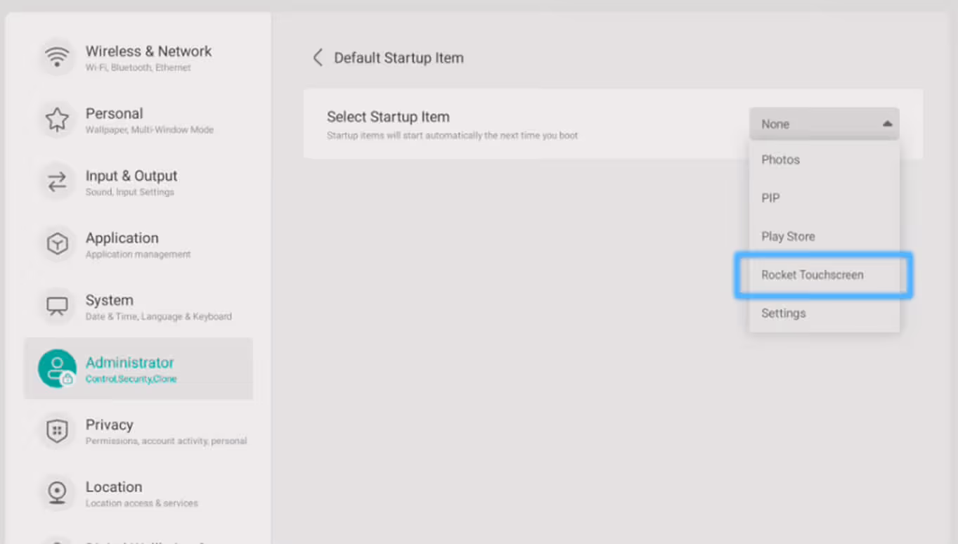 Rocket Touchscreen selected as the ClearTouch startup app
