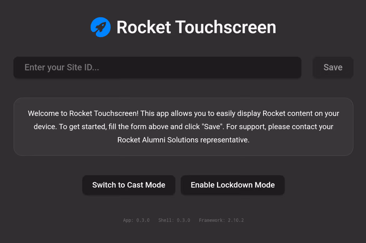 Rocket Touchscreen app with an empty site ID field and Save button