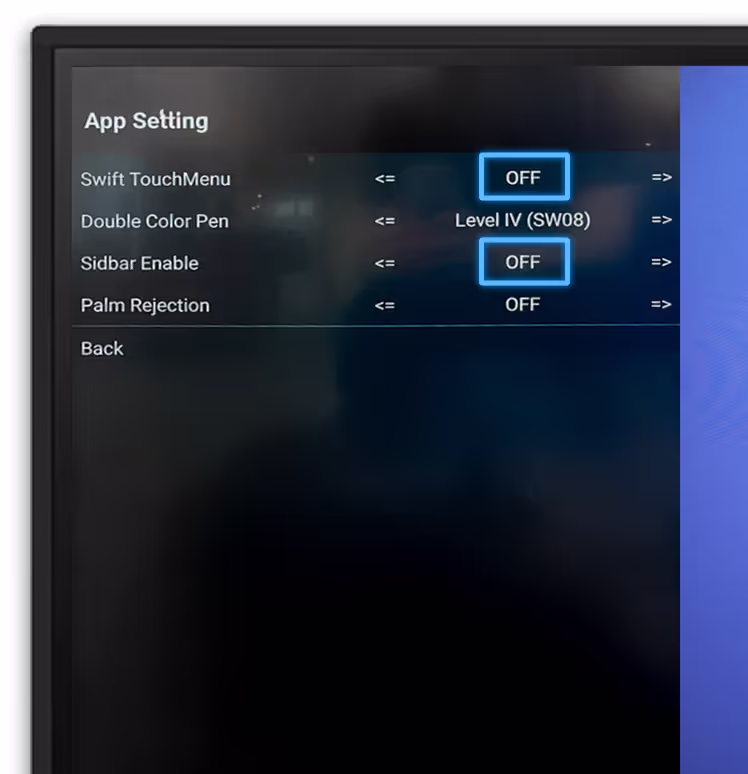 LG App Setting menu with touch menu and sidebar disabled