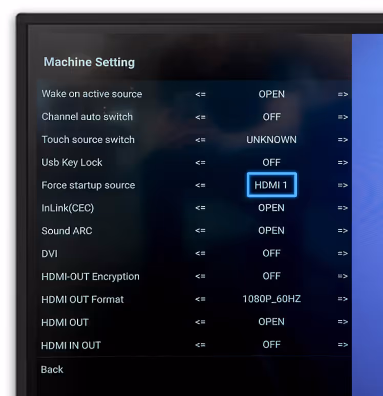LG Machine Setting menu with HDMI 1 as the forced startup source