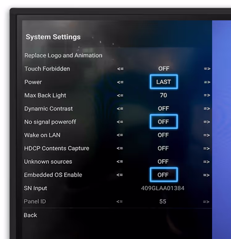 LG System Setting menu showing power, signal and embedded OS options