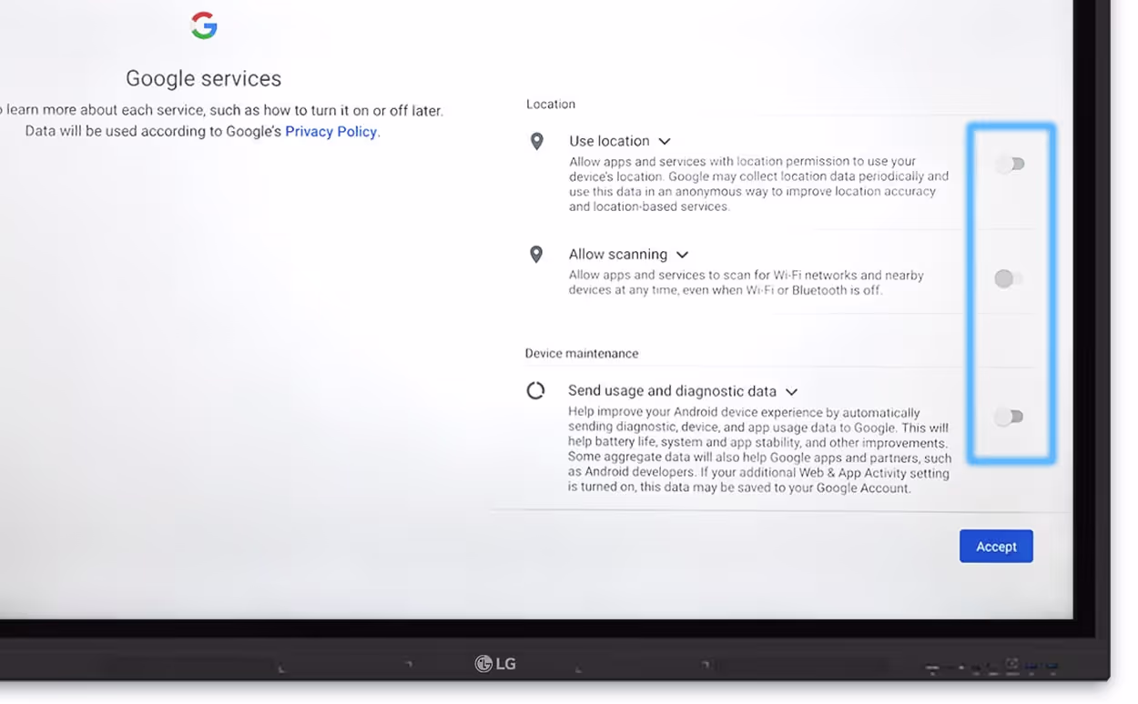 Google services switches highlighted during LG setup