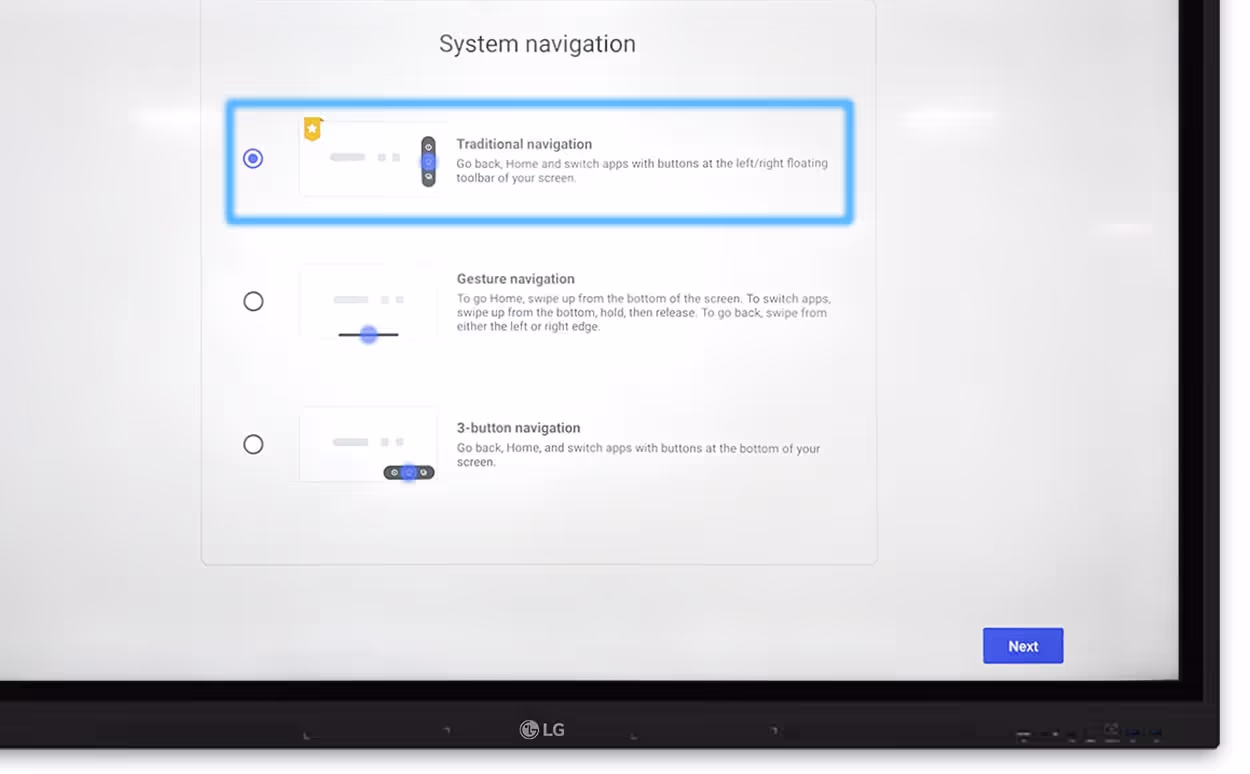 Traditional navigation selected on the LG touchscreen