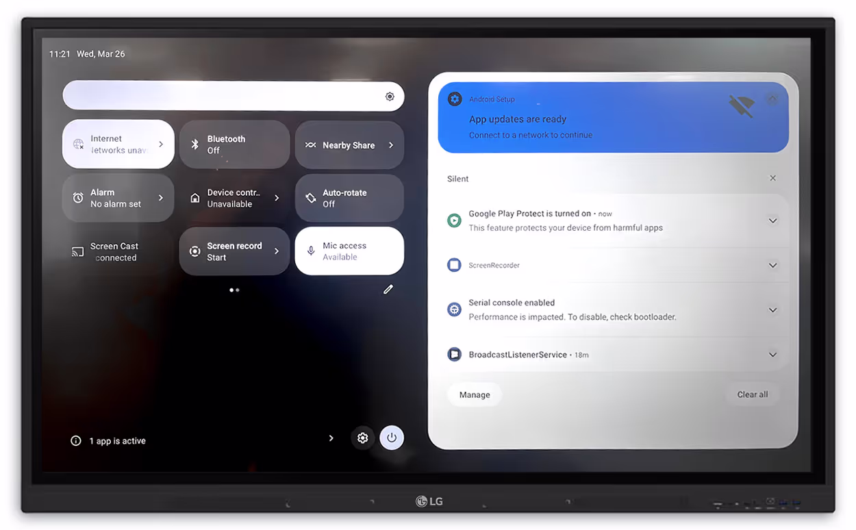 LG notification panel and administrator settings