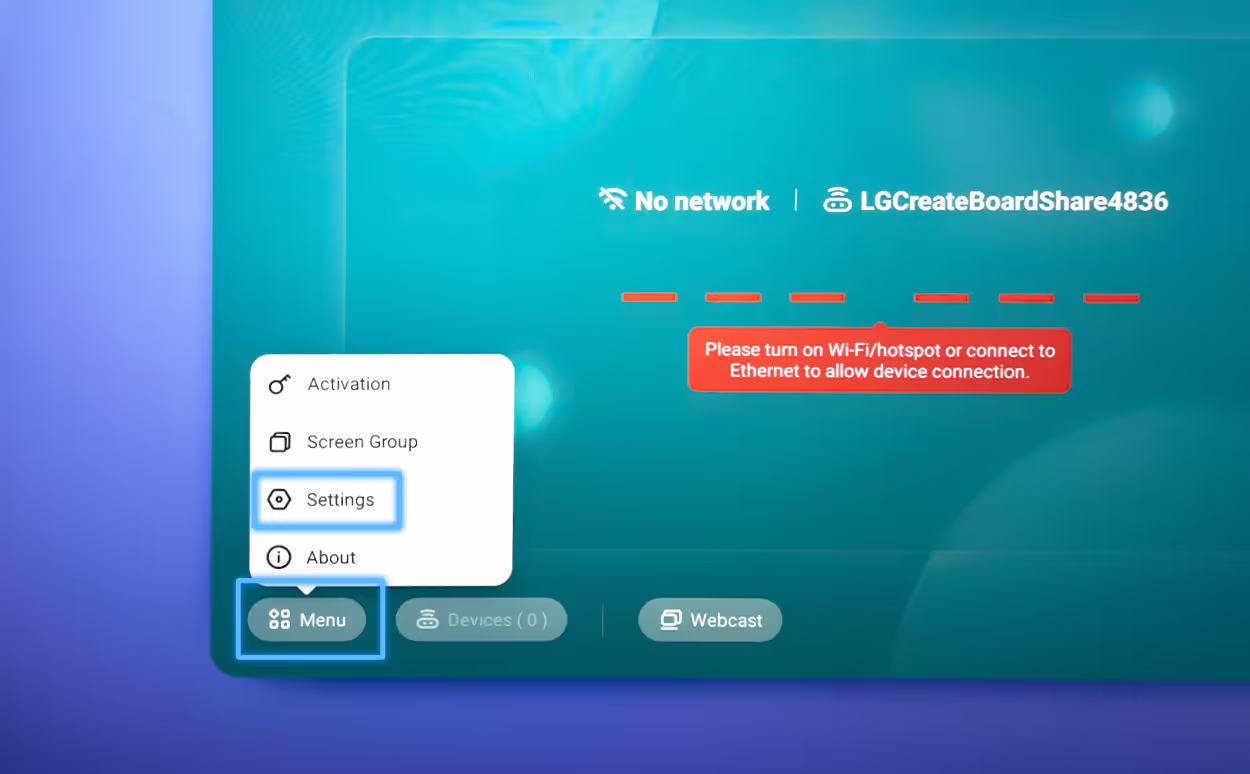LG screen-sharing interface with Menu and Settings highlighted