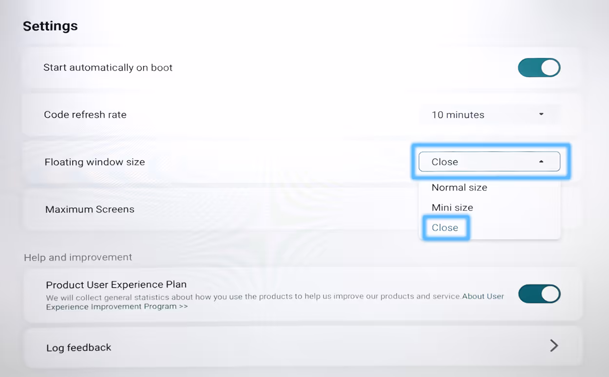 Floating window size setting with Close selected