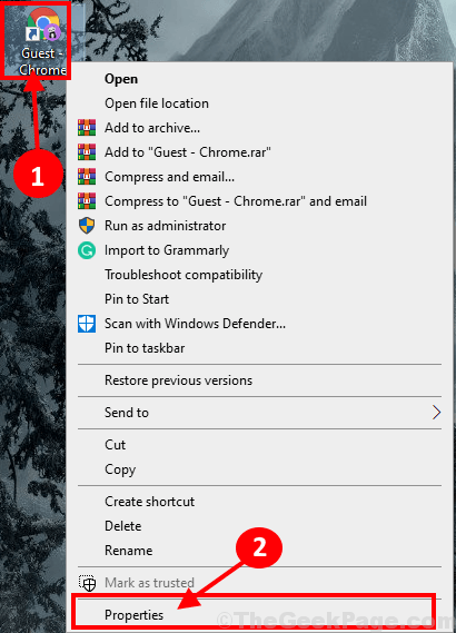 Chrome desktop shortcut context menu with Properties highlighted