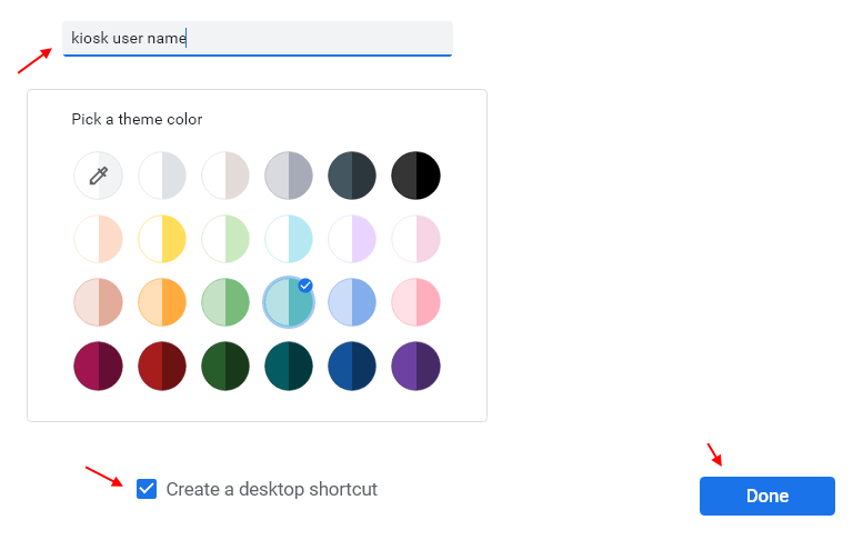 Chrome profile name, icon, desktop shortcut checkbox, and Done button