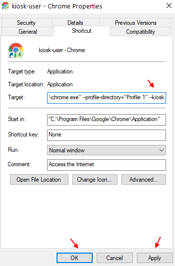 Chrome shortcut Properties showing the Target field and Apply button