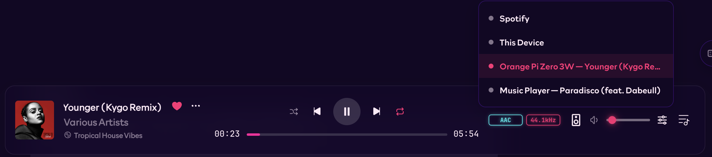Rocksky Web playback controls with an Orange Pi selected in the device picker