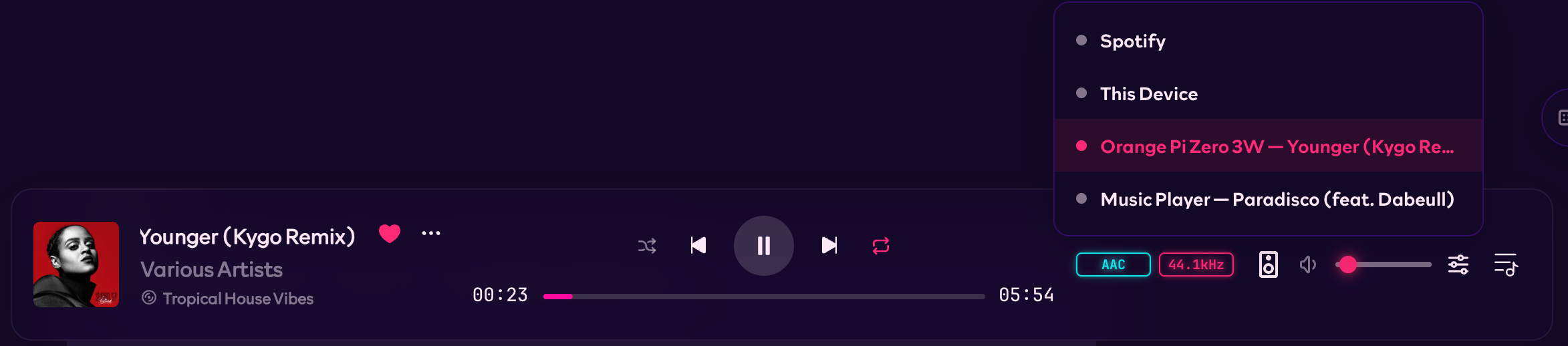 Rocksky Web playback controls with an Orange Pi selected in the device picker