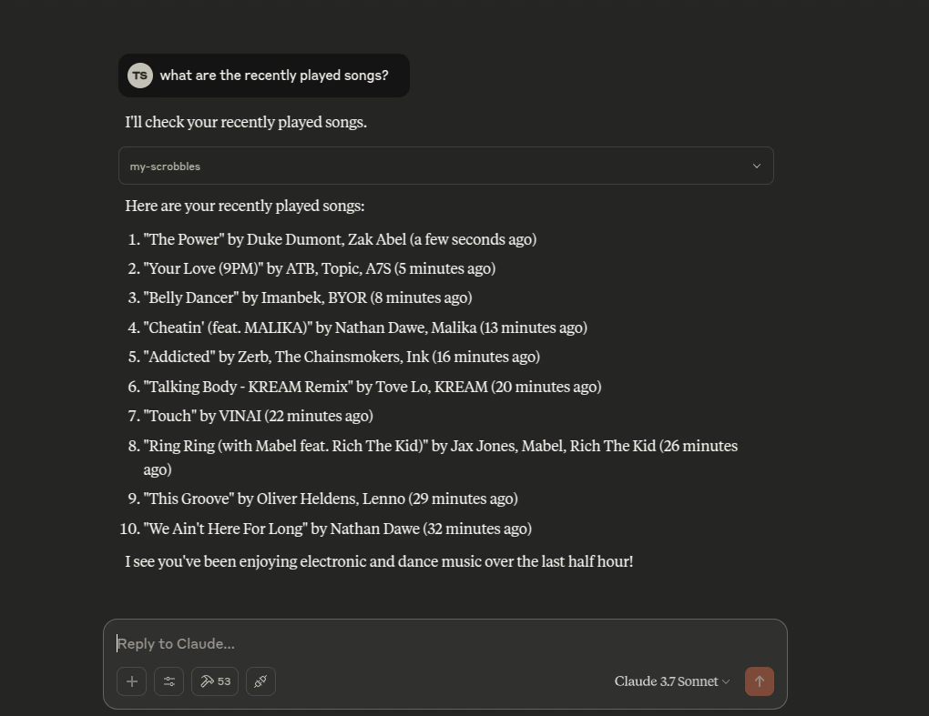 Claude Desktop listing the user's recently played scrobbles via the Rocksky MCP server