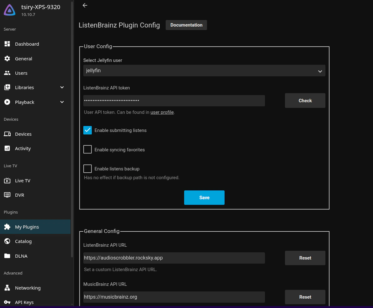 Jellyfin ListenBrainz plugin configured with the Rocksky audioscrobbler URL