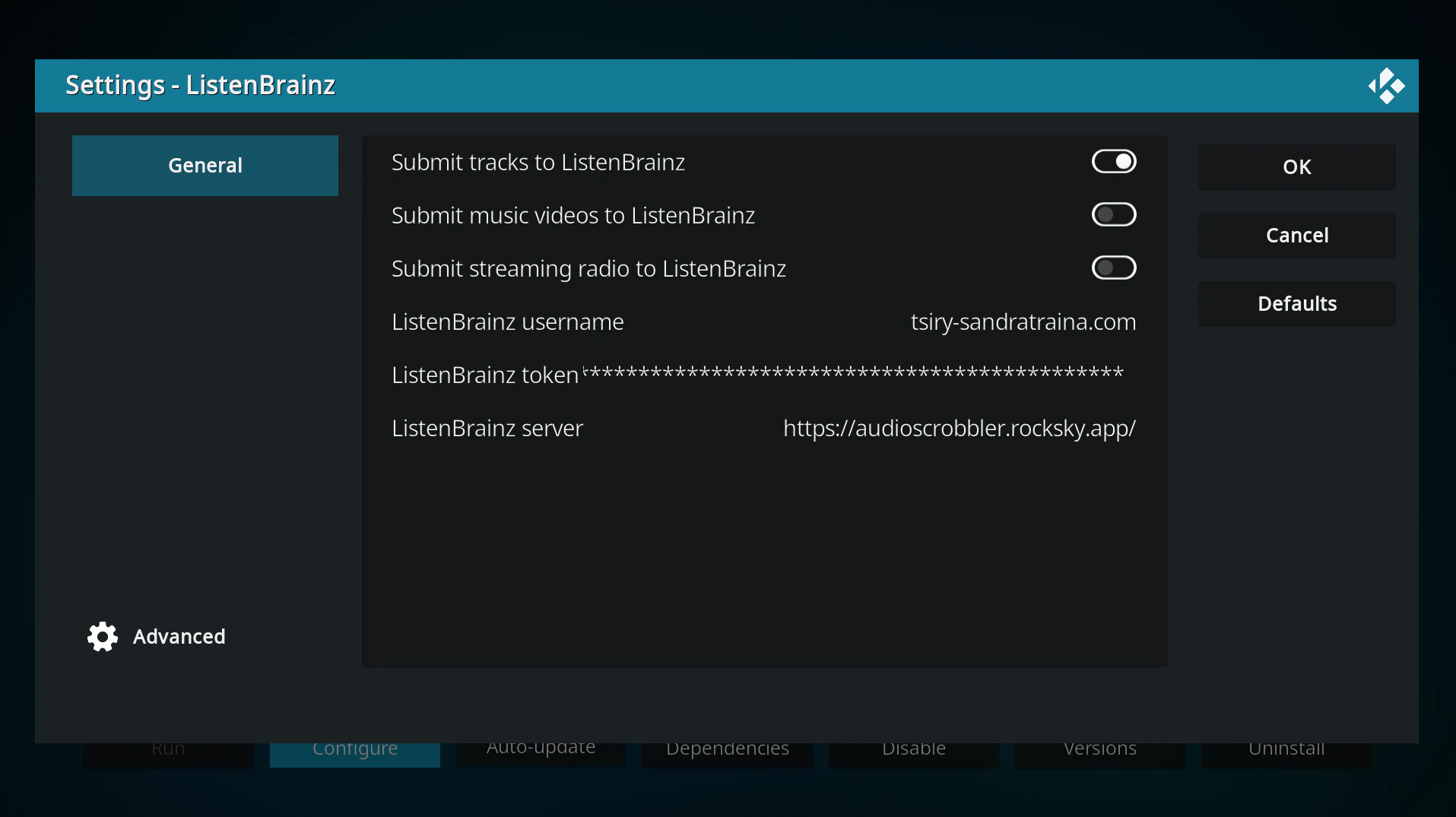 Kodi ListenBrainz Scrobbler settings configured with the Rocksky audioscrobbler URL