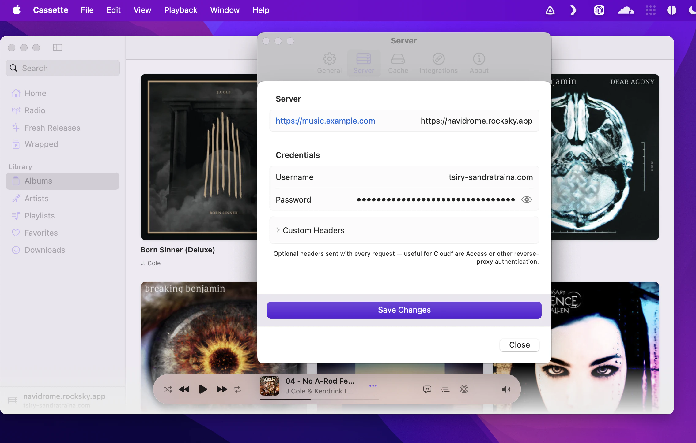 Cassette desktop app configured against navidrome.rocksky.app