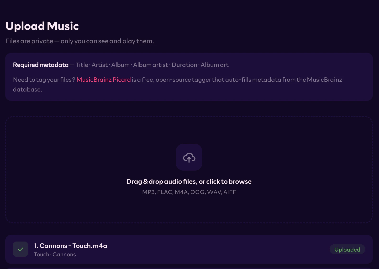 Rocksky Upload Music page with a track successfully uploaded