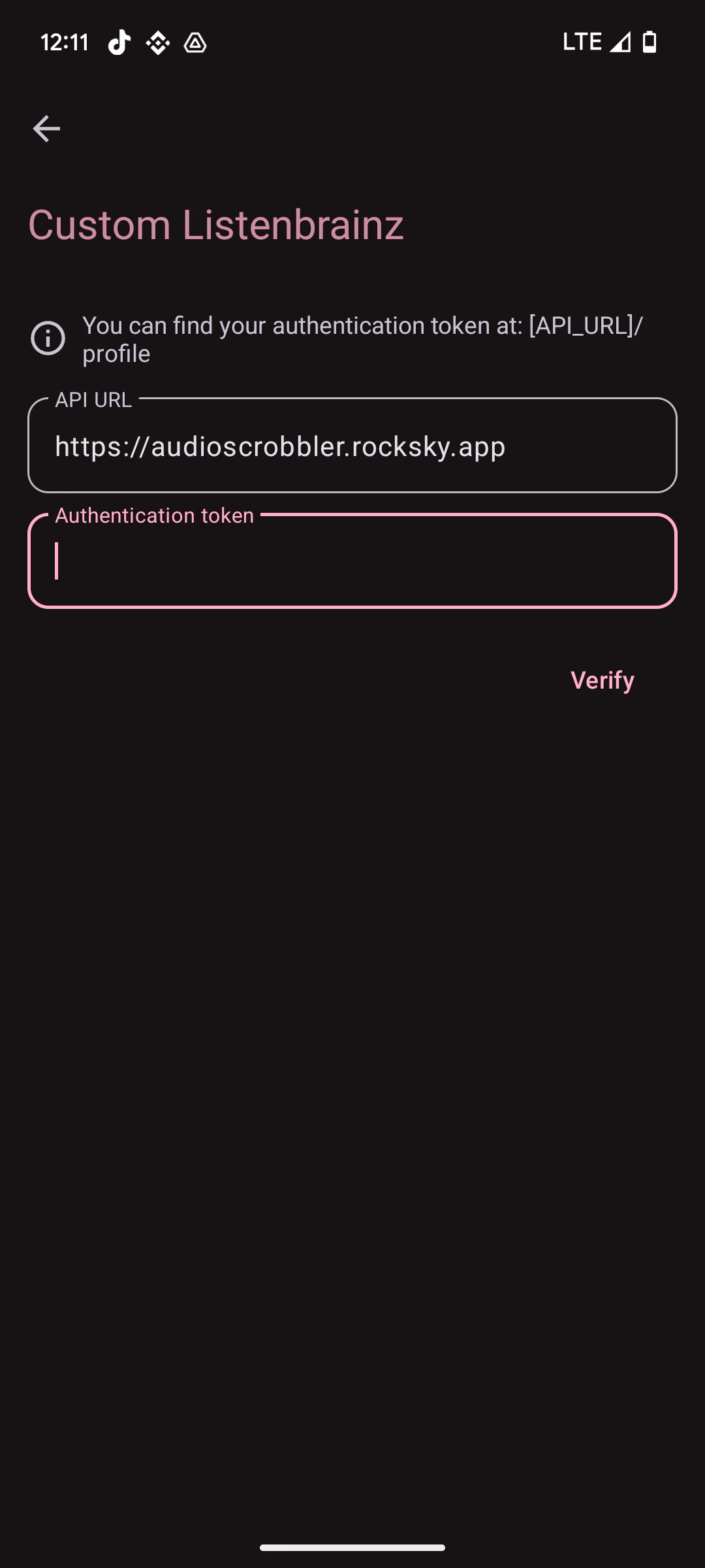 Pano Scrobbler Custom ListenBrainz settings with the Rocksky API URL filled in