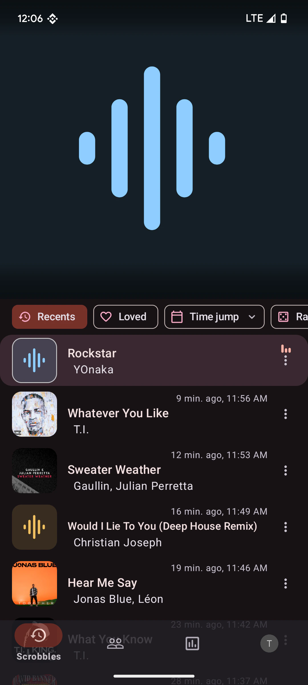 Pano Scrobbler home screen listing recently played tracks