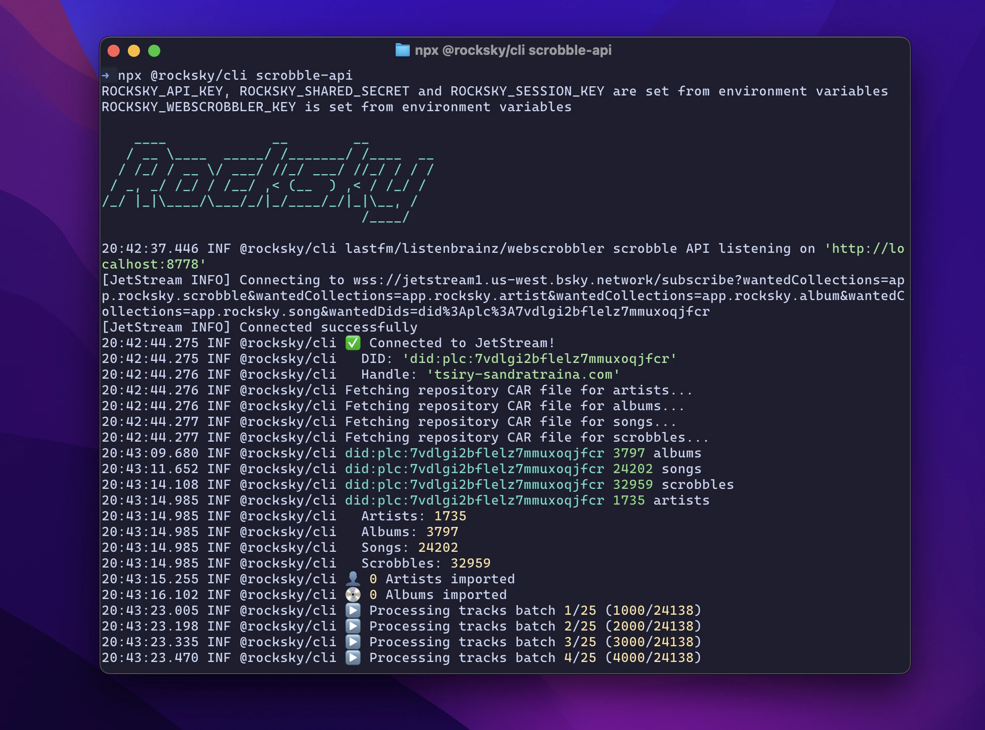 `npx @rocksky/cli scrobble-api` running in a terminal, syncing scrobbles and connecting to JetStream