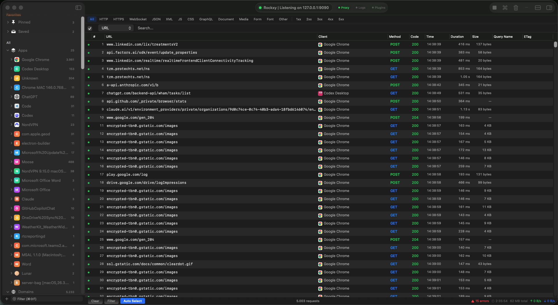 Rockxy main window on macOS (dark mode)