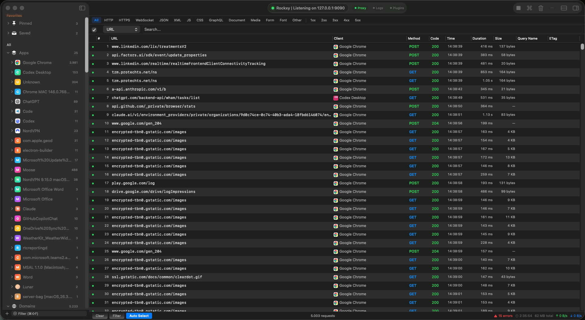 Rockxy main window on macOS (dark mode)