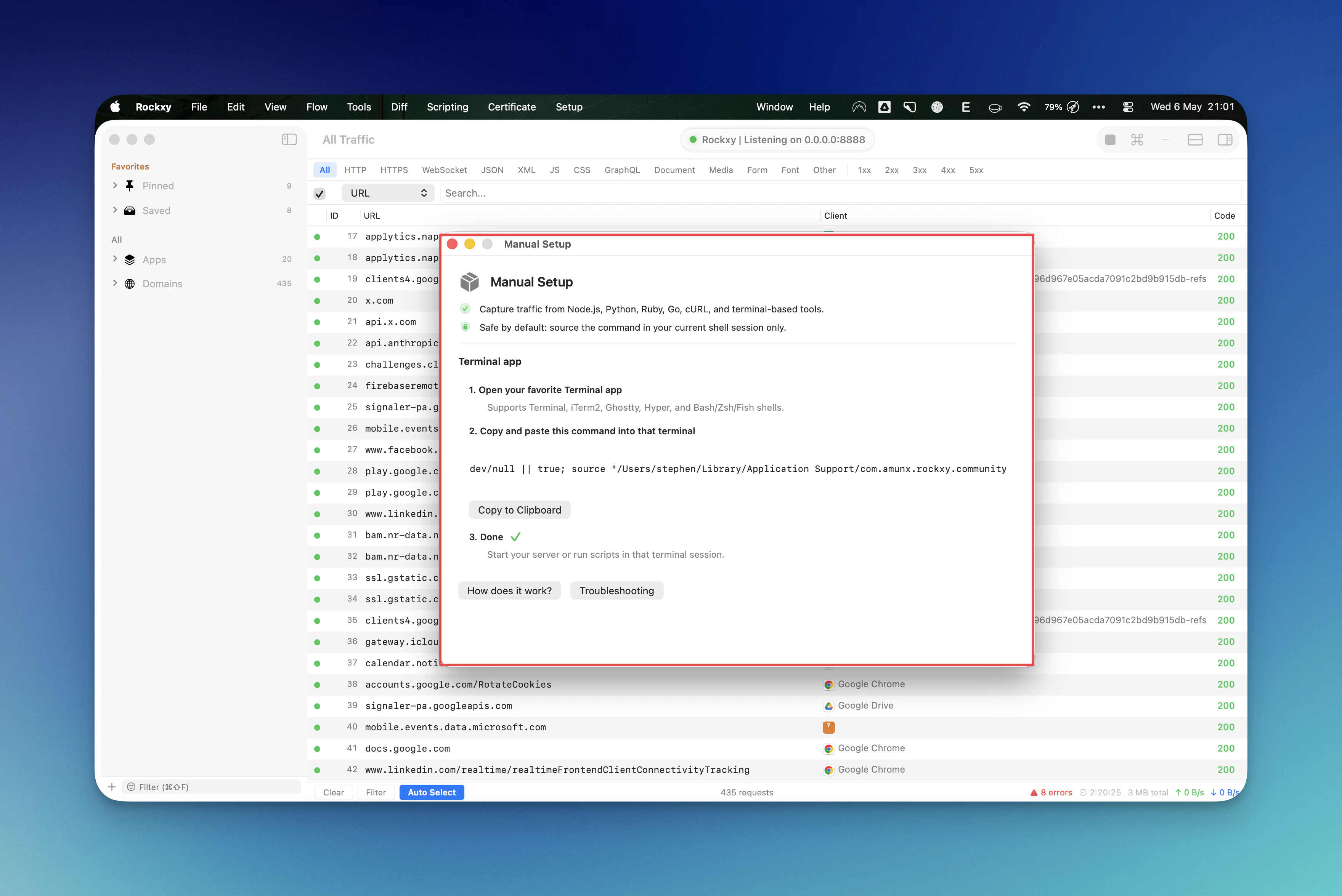 Rockxy Manual Setup window with copyable terminal setup command