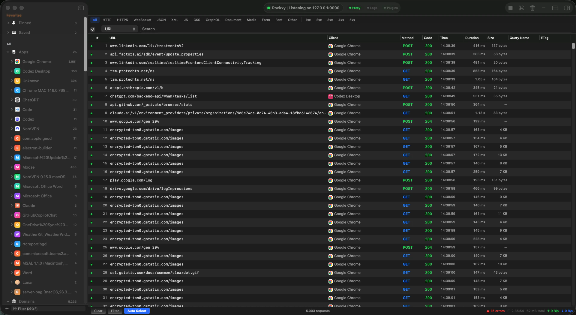 Rockxy main window on macOS (dark mode)