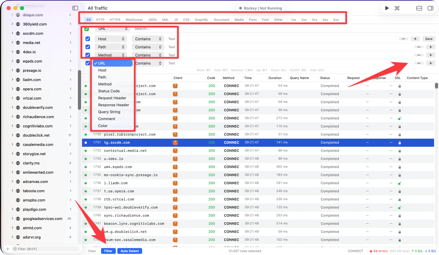 Rockxy filters and search controls