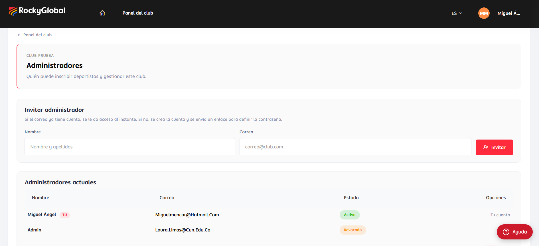 Club "Administrators" screen with the form to invite a new administrator
