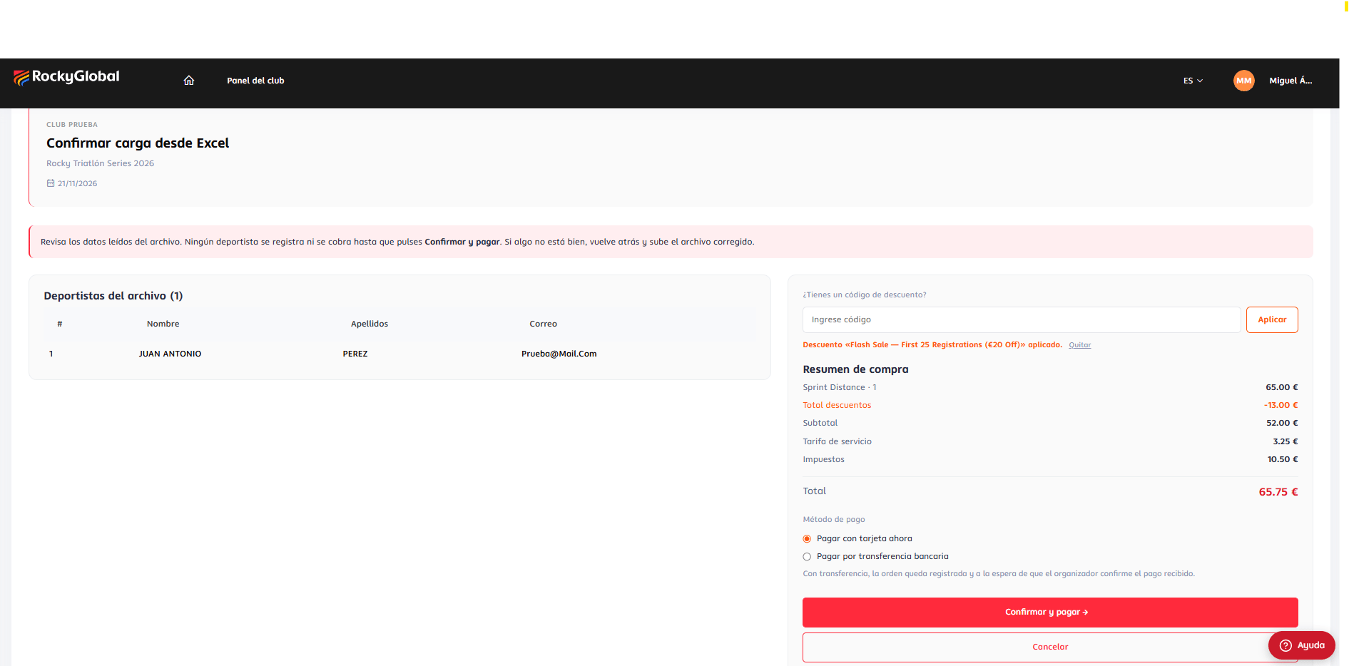 Screen "Confirm upload from Excel" with the athletes read, the discount, the purchase summary and the payment method