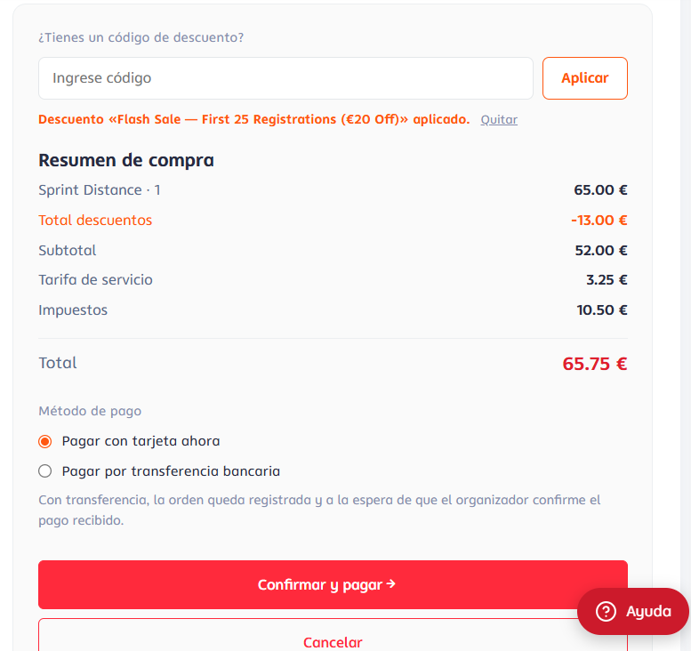Resumen de la orden con el descuento aplicado y el mensaje "Descuento aplicado"